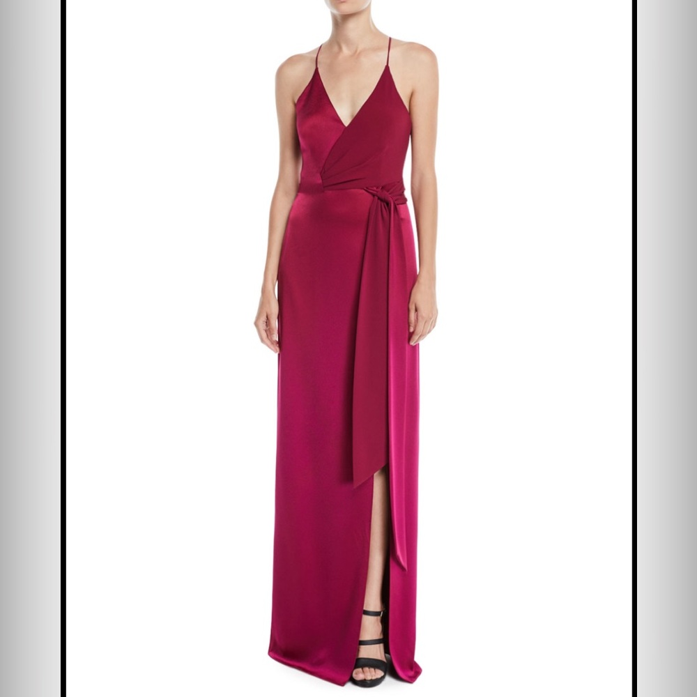 Halston Heritage Fuchsia Pink Satin Maxi Wrap Dress